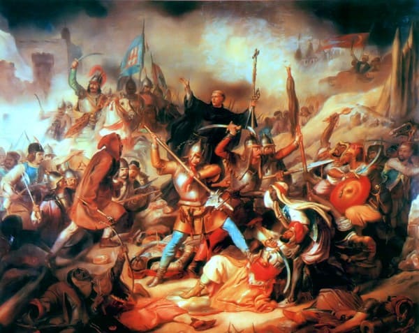 A nándorfehérvári csata. Ismeretlen, 19. századi festő munkája. A kép közepén kereszttel a kezében Kapisztrán Jánost ábrázolta a művész